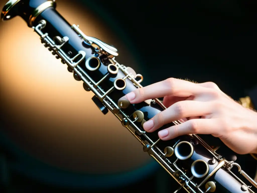 Un clarinetista ejecutando el clarinete bajo con precisión y destreza, resaltando las técnicas de ejecución del clarinete bajo