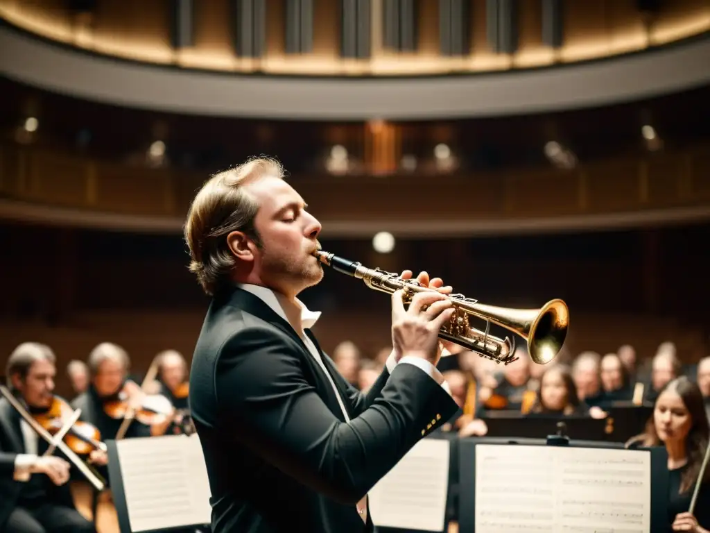 Clarinetista de basset en concierto, interpretando repertorio clásico con intensa expresión y elegancia en majestuosa sala de conciertos