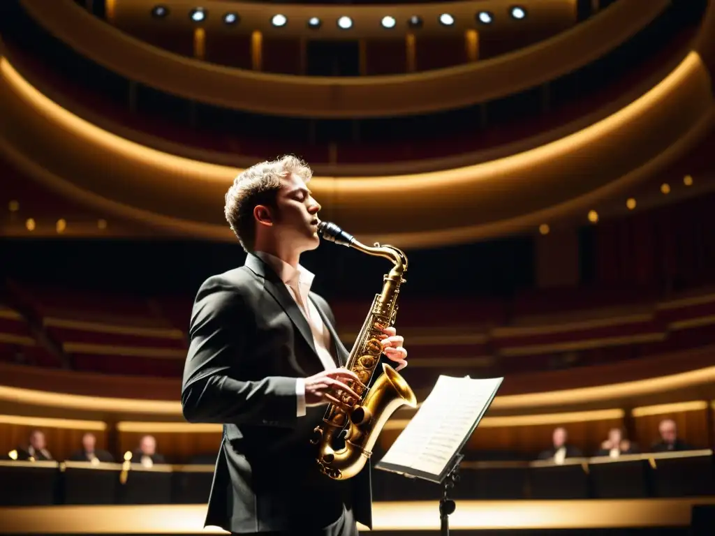 Un clarinetista experto ejecuta una magistral actuación en un majestuoso teatro, demostrando la importancia histórica del clarinete en música clásica