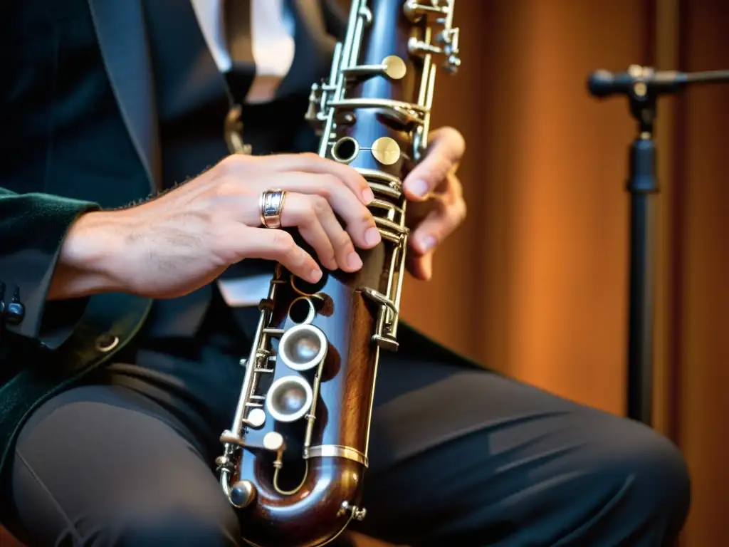 Un clarinetista experto ejecutando técnicas precisas en un clarinete bajo, resaltando la artesanía y la emotividad de la música en el concierto