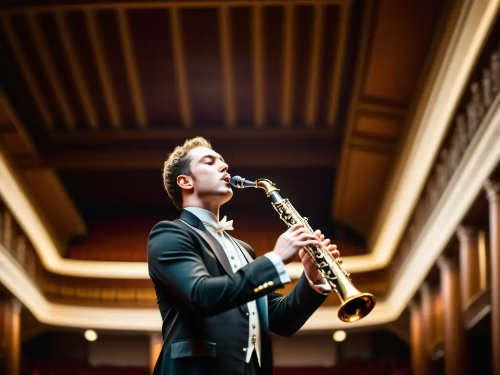 Un clarinetista famoso interpreta con pasión en un elegante escenario de concierto