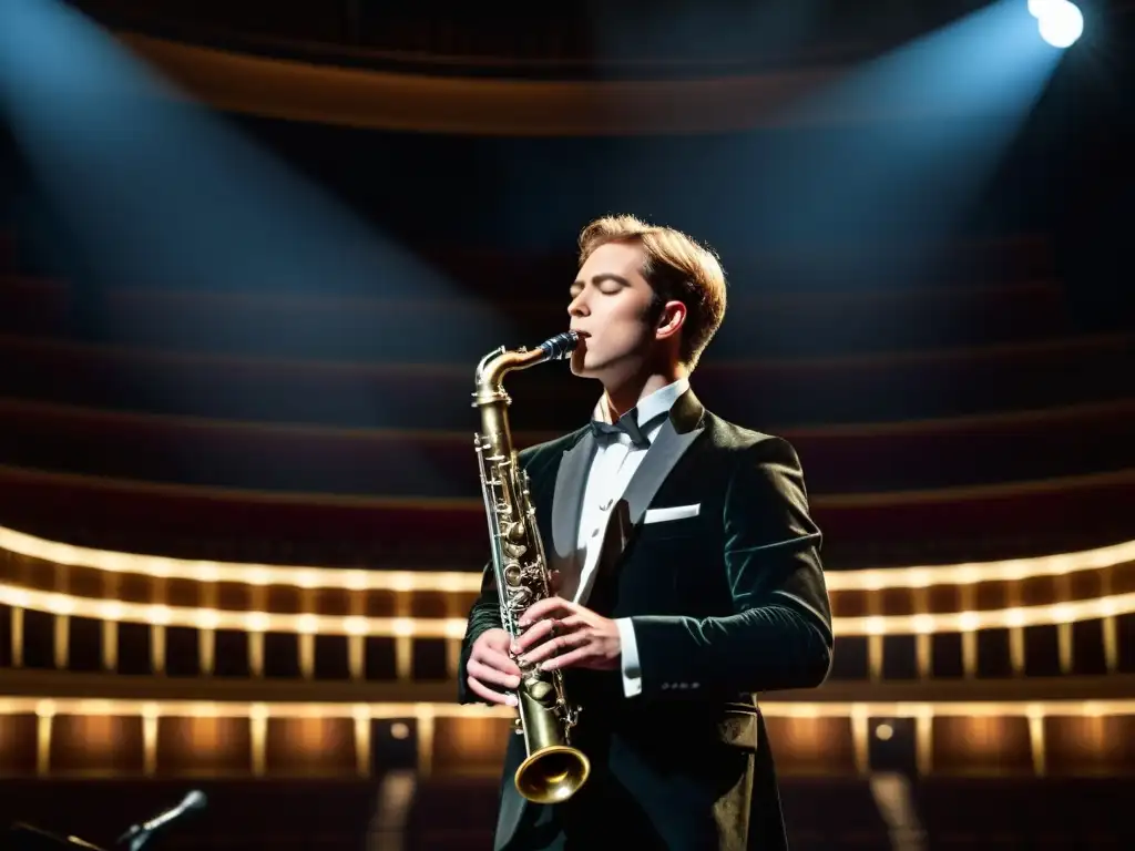 Un clarinetista de música clásica famoso ejecuta con maestría su instrumento en un escenario grandioso, con iluminación dramática y una audiencia atenta