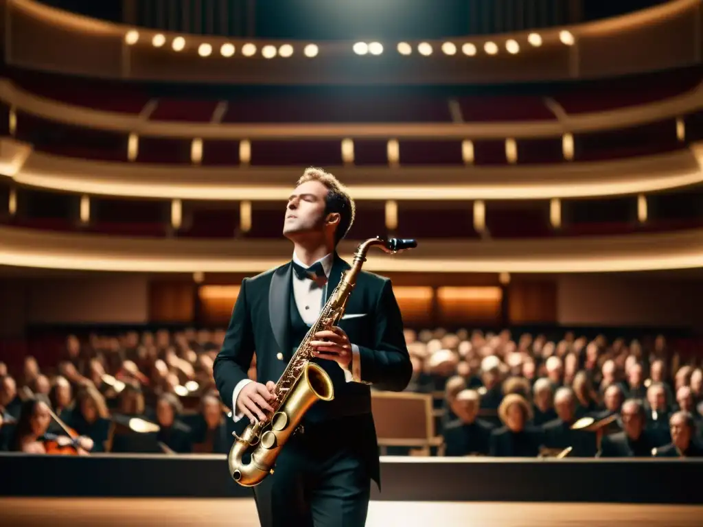 Un clarinetista de música clásica famoso interpretando con pasión en un majestuoso escenario, acompañado de una audiencia silueteada