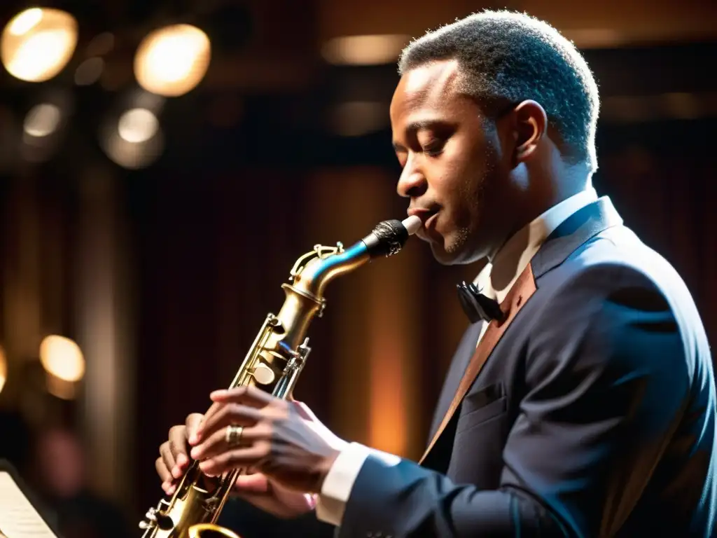 Un clarinetista de jazz tocando apasionadamente en un íntimo club de jazz, iluminado por cálidas luces de escenario