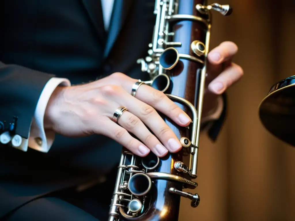 Un clarinetista profesional ejecutando técnicas específicas en el clarinete bajo, con expresión concentrada y elegantes anillos