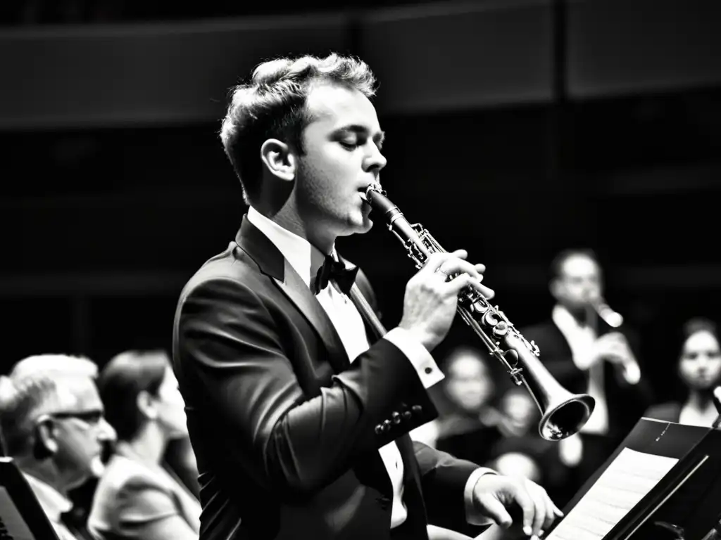 Un clarinetista renombrado tocando con pasión en un escenario, con el público admirado al fondo