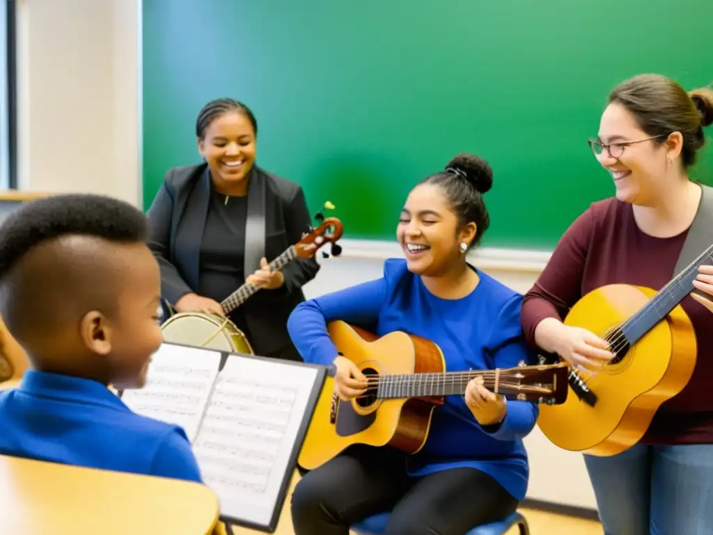 Clase inclusiva de música con estudiantes de diversas habilidades y culturas, explorando juntos el mundo musical