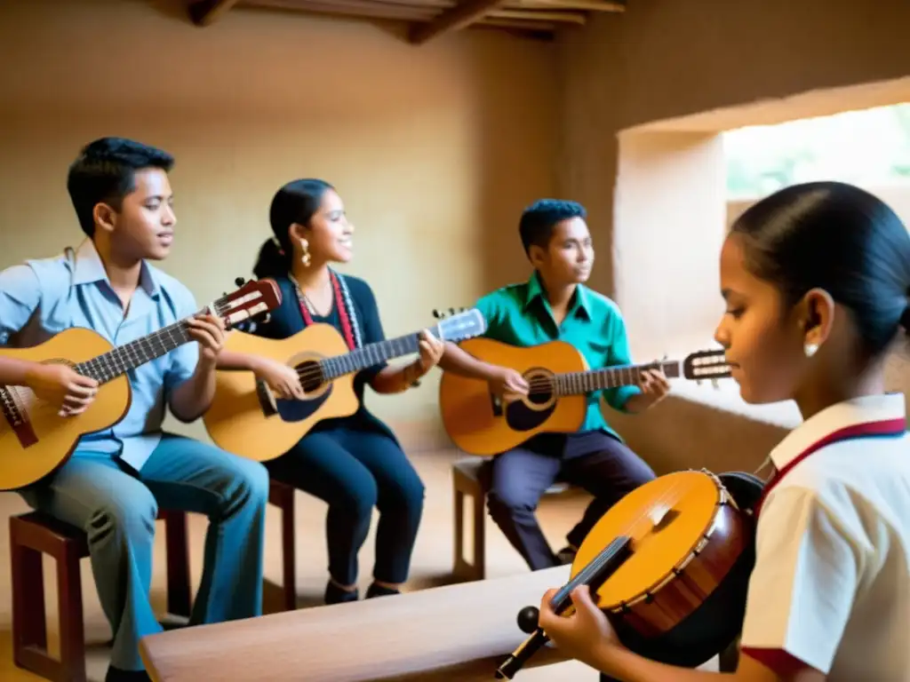 'Clase de música latinoamericana con instrumentos tradicionales, enseñanza auténtica y ambiente dinámico'