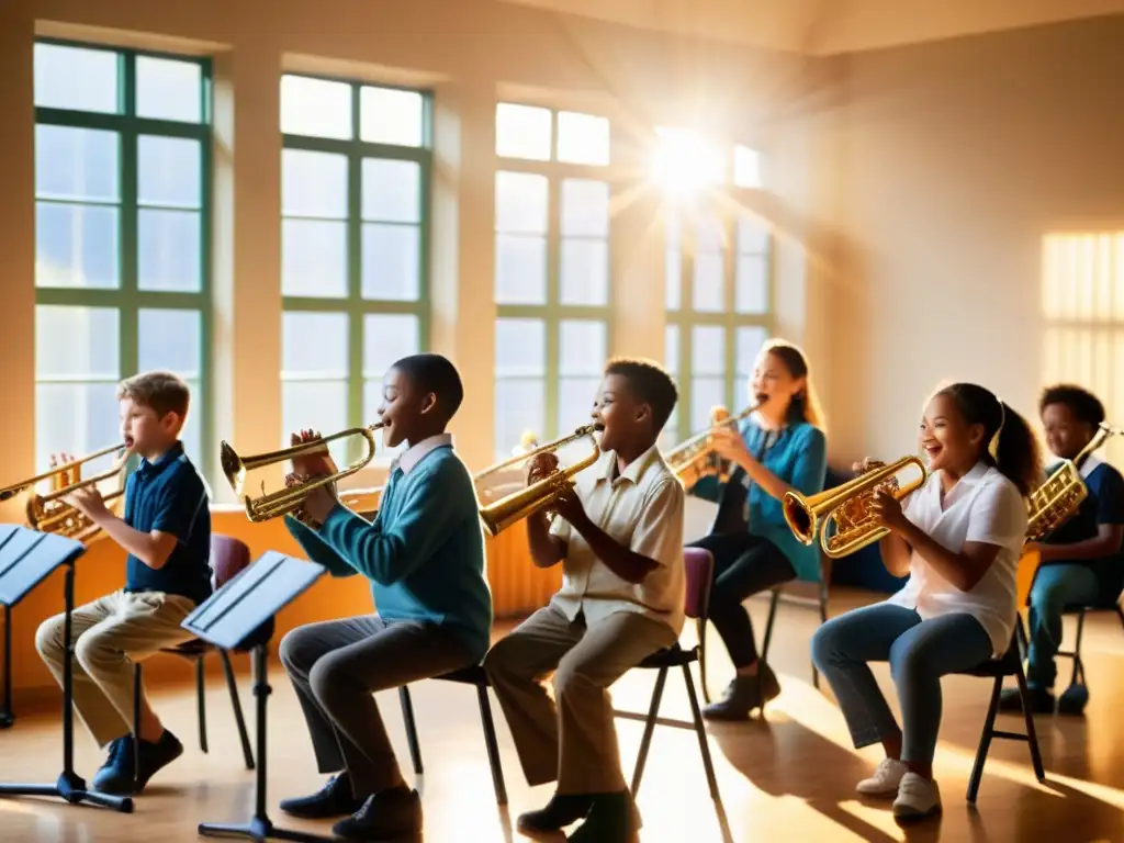 Clase llena de estudiantes de diferentes edades tocando instrumentos de viento mientras la luz del sol ilumina la sala