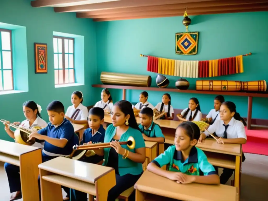 Una clase llena de vida de instrumentos musicales latinoamericanos enseñanza, con estudiantes y maestro inmersos en la rica tradición musical