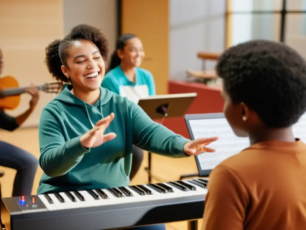 Clase de música inclusiva con estudiantes diversos tocando instrumentos en un estudio bien equipado