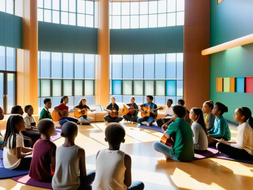 Una clase de música llena de luz natural, instrumentos vibrantes y alumnos inmersos en la enseñanza de instrumentos musicales con multimedia