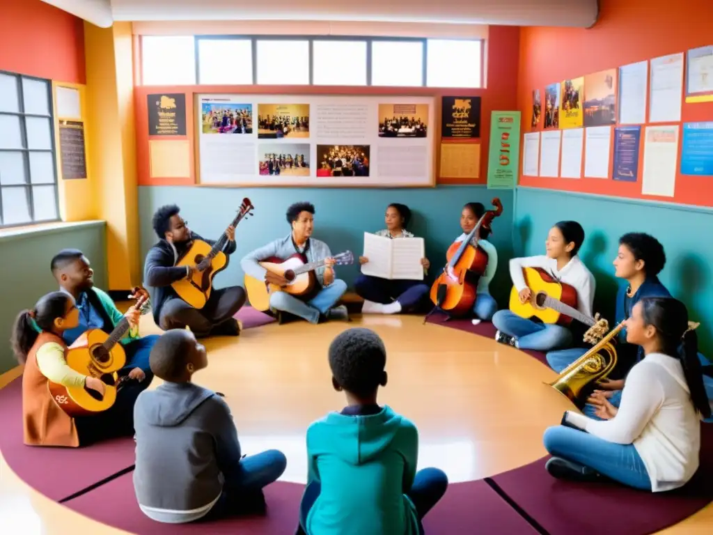 Clase de música multicultural con estudiantes participando activamente