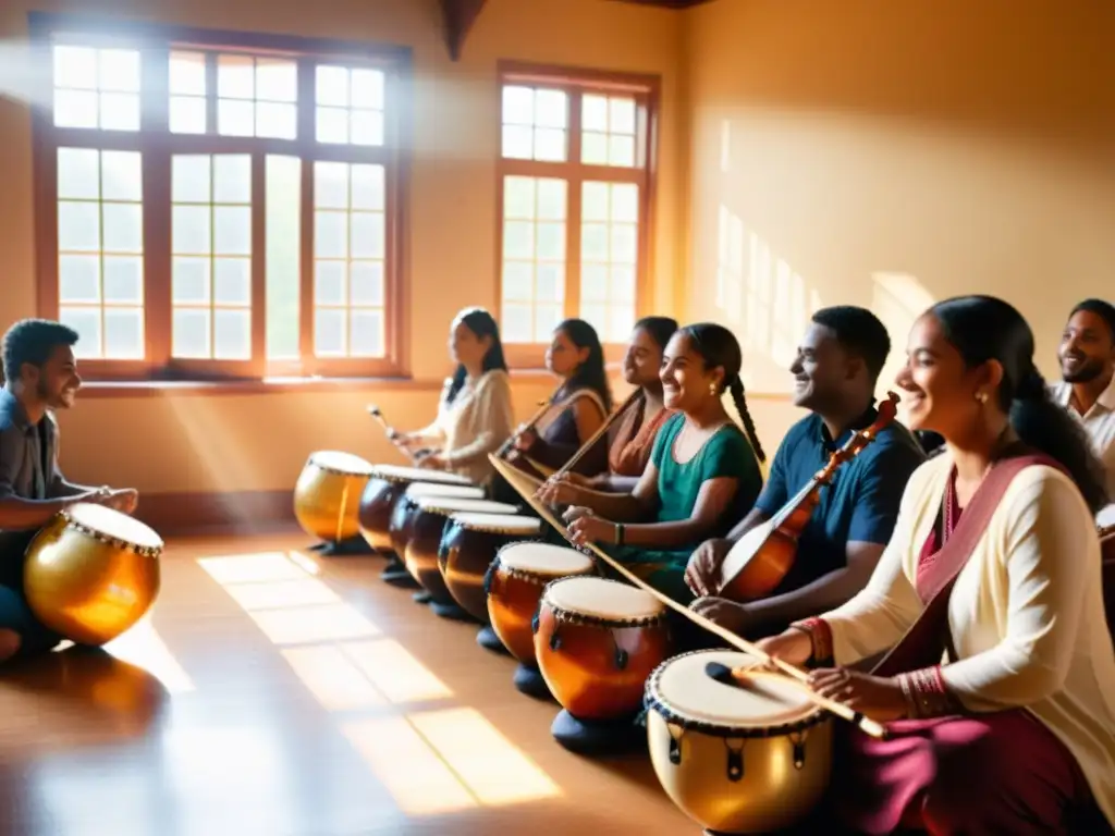 Clase de música tradicional con estudiantes de diversas culturas aprendiendo y compartiendo sus tradiciones musicales