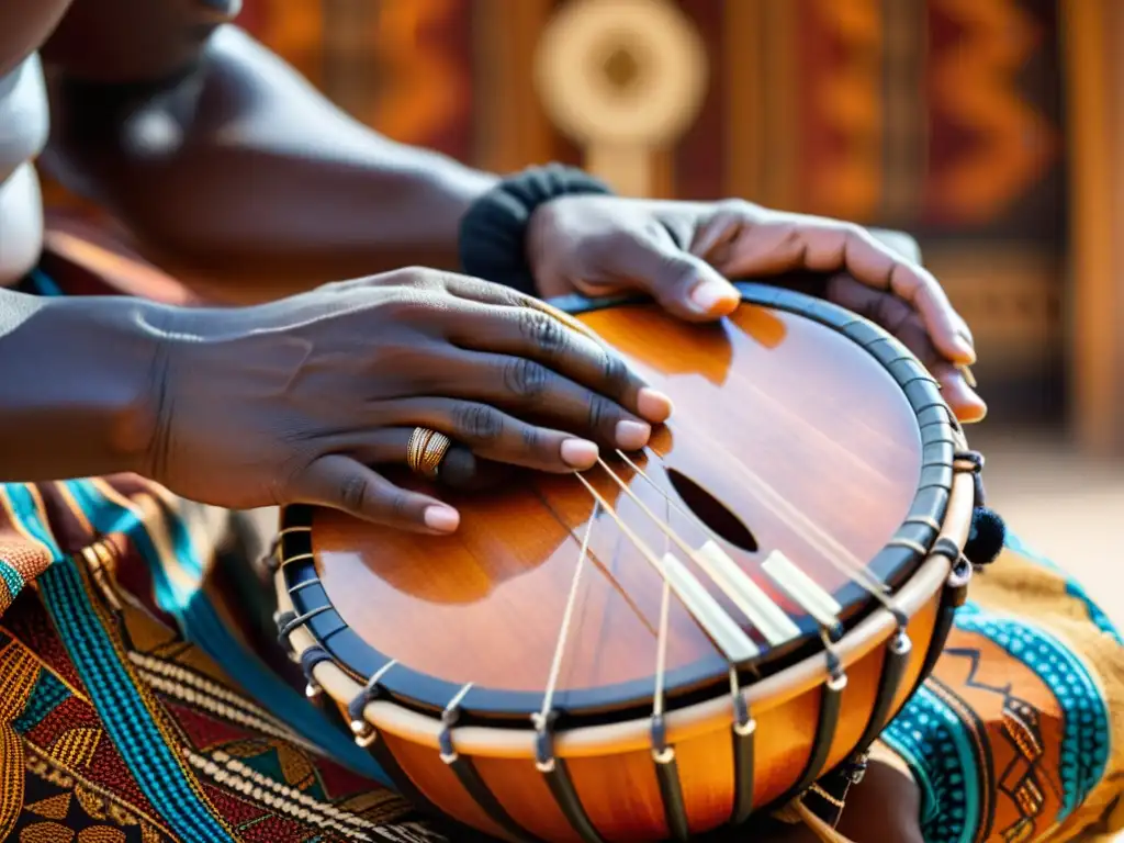 Closeup de un Kora africano con historia y sonido, destacando su artesanía y tonos cálidos sobre una tela africana