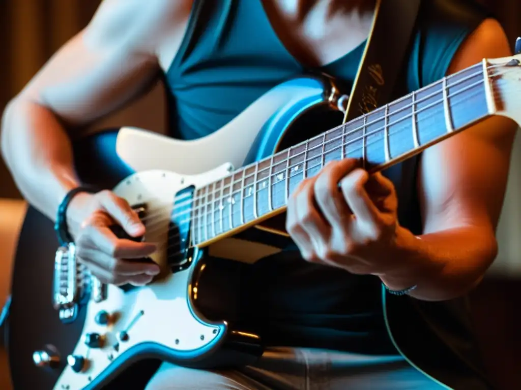 Close-up en blanco y negro de un guitarrista experto ejecutando técnicas de improvisación en guitarra con pasión y concentración