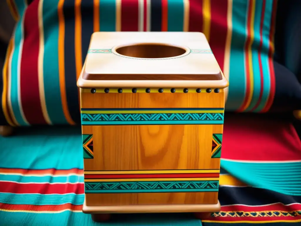 Closeup del cajón peruano tradicional con detalles de madera y textiles vibrantes