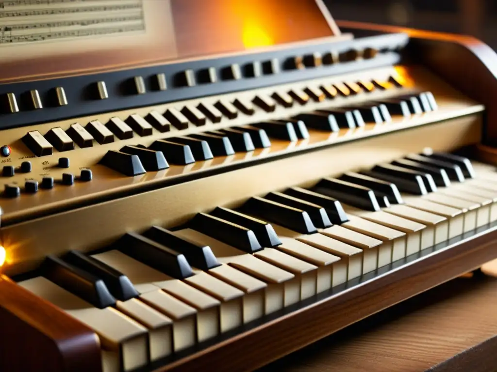 Close-up detallado de un teclado vintage de Melotrón con teclas de marfil desgastadas y panel de madera