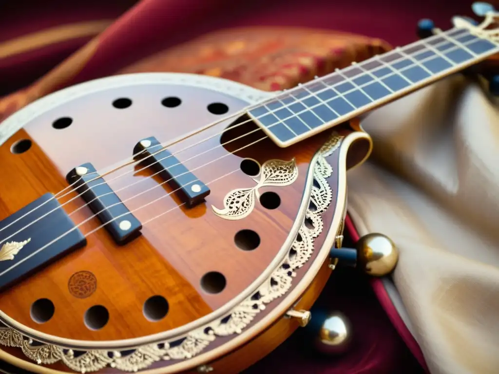 Closeup de un exquisito sitar, instrumento musical exótico del siglo XIX, con intrincados detalles y cuerdas listas para resonar