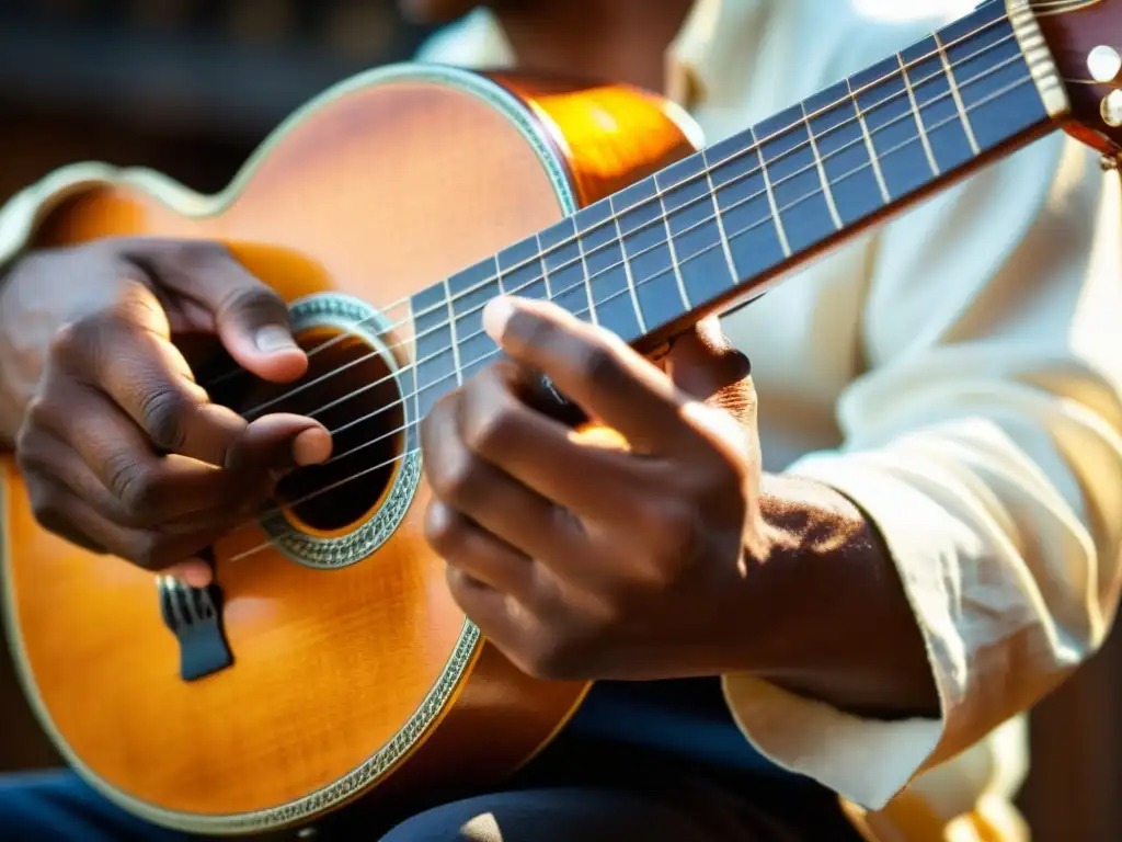 Closeup de las hábiles manos de un músico tocando un cavaquinho, resaltando los movimientos precisos y el cálido ambiente musical de Brasil