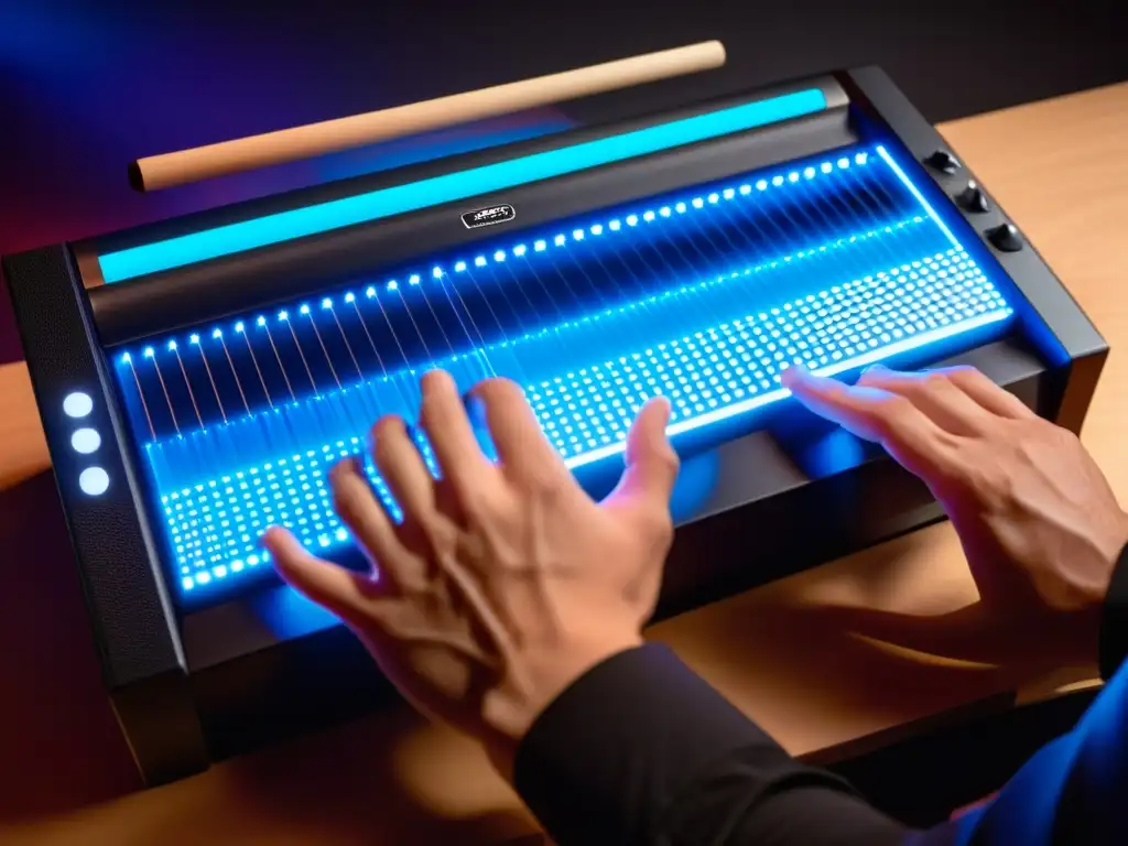 'Closeup de innovaciones electrónicas en instrumentos percusión: detalle de la superficie texturizada, pantalla LED iluminada y manos en movimiento