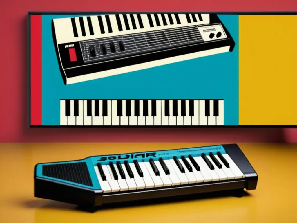 Un close-up de un keytar vintage de los 80 con diseño retro, rodeado de carteles de conciertos y equipo musical antiguo, evocando la historia y evolución del keytar