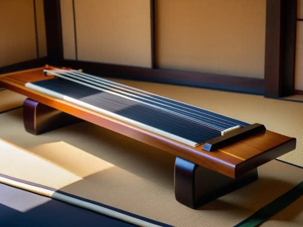 Closeup de un koto japonés tradicional en una atmósfera serena, iluminado por luz natural