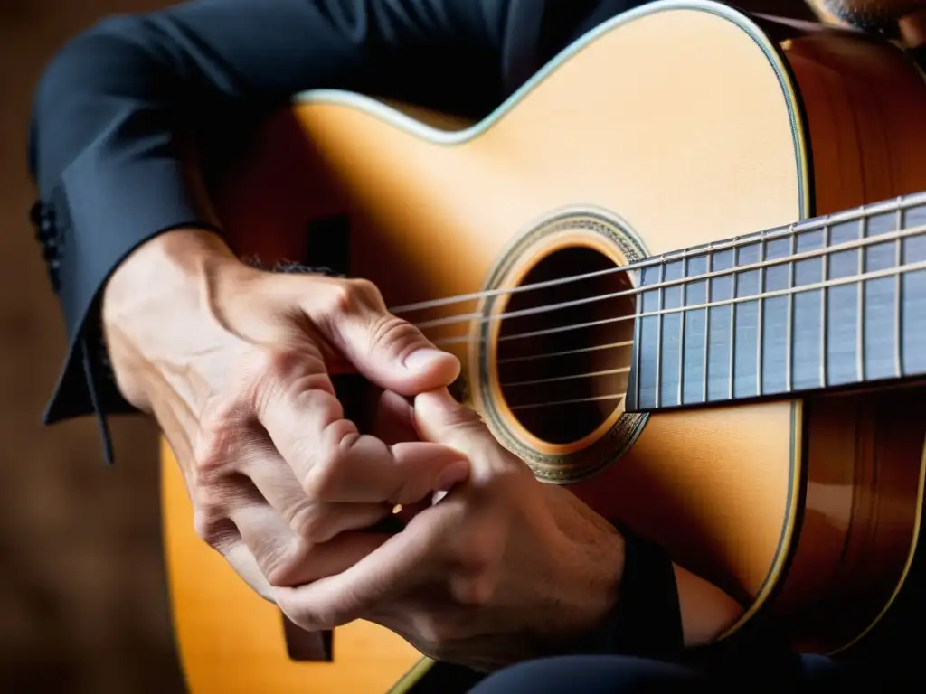 Closeup de manos ágiles de guitarrista de flamenco, transmitiendo la importancia de la improvisación en la música flamenca con pasión y destreza