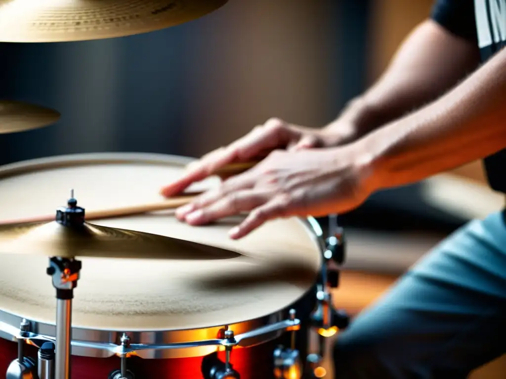 Un close-up de las manos de un baterista en plena acción, con una alta definición que muestra la intensidad y precisión de la interpretación