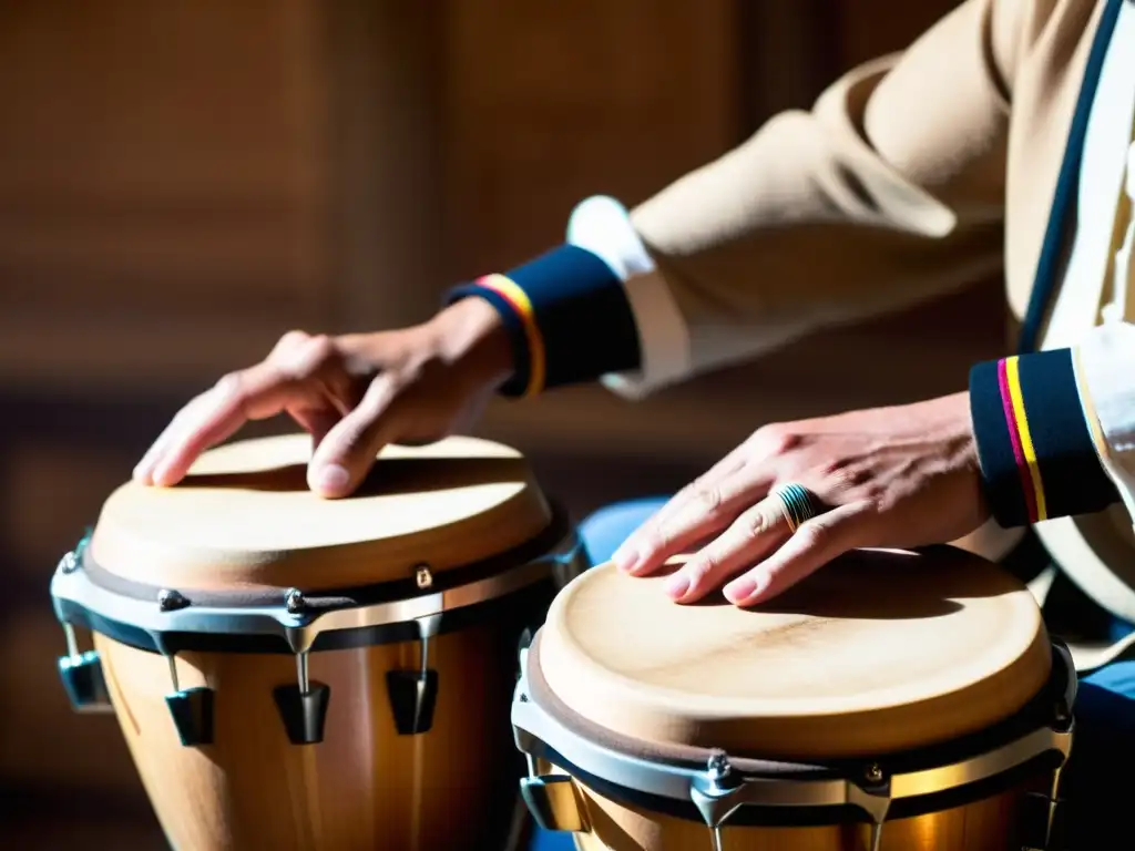 Un close-up de manos tocando bongos con pulseras gauchas, destacando el ritmo y textura