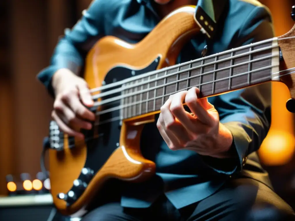 Maestría en acción: manos de bajista creando música vibrante Closeup de manos expertas de bajista, creando líneas dinámicas con técnicas de improvisación en bajo