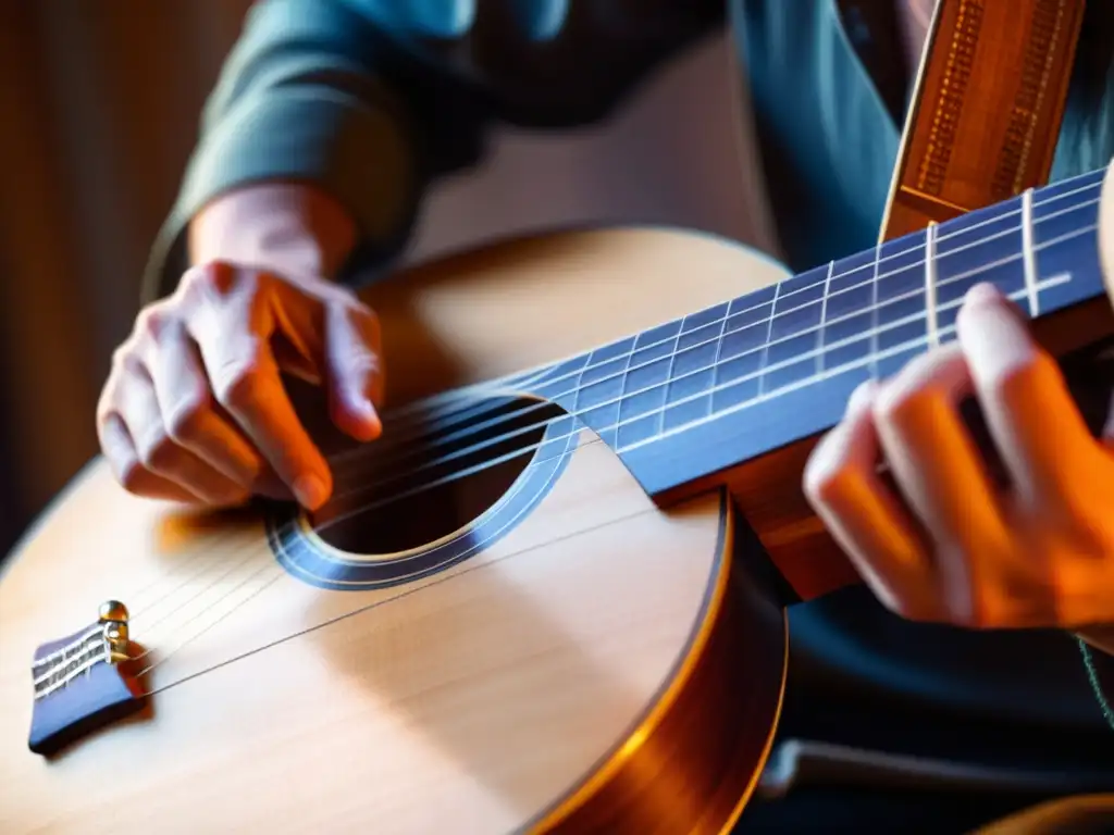 Closeup de manos expertas tocando un cistro, resurgimiento del cittern en música folk