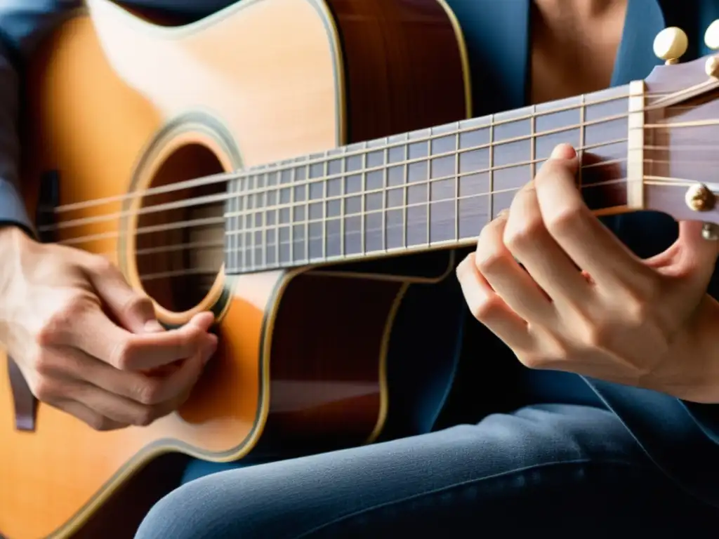 Closeup de manos expertas tocando una guitarra española con pasión y técnica, en una atmósfera cálida e íntima