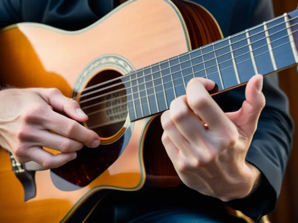 Closeup de manos hábiles tocando una hermosa guitarra de siete cuerdas, transmitiendo la intensidad emocional del choro brasileño