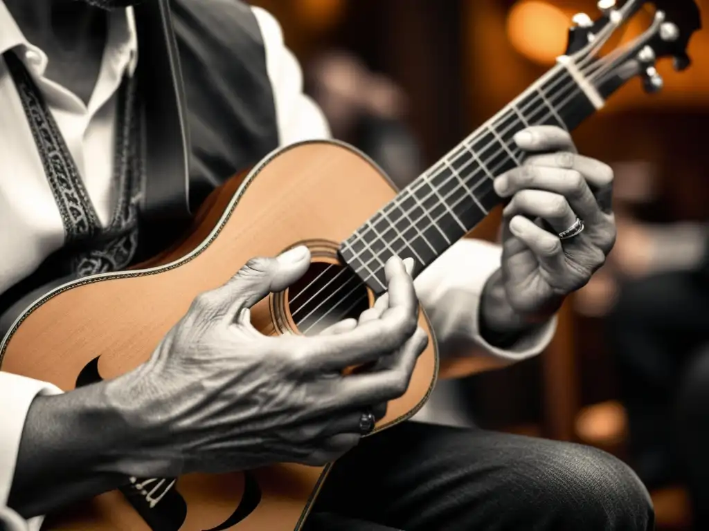 Close-up de manos de músico tocando la Guitarra Portuguesa en un club de fado, evocando emoción y nostalgia en blanco y negro