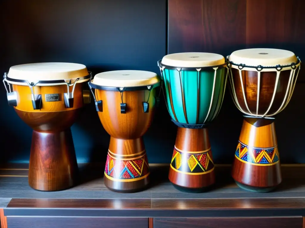 Close-up de modernos instrumentos de percusión africana en escenario de madera oscuro, mostrando su versatilidad y belleza cultural