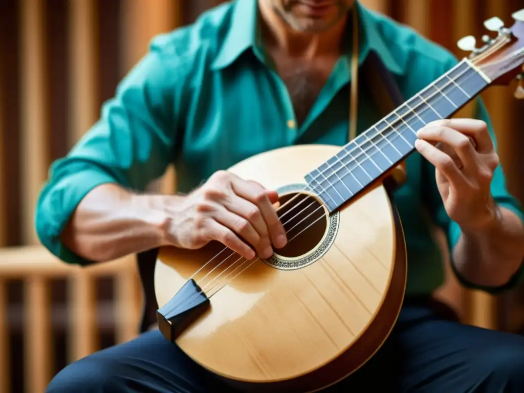 Closeup de un músico experto tocando la balalaika, evocando el significado cultural de la balalaika con maestría y pasión