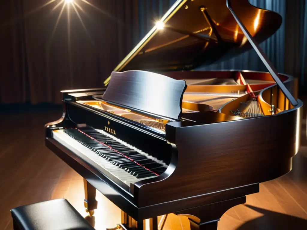 Closeup de un piano de cola en un elegante teatro iluminado, destacando la importancia del silencio en acústica