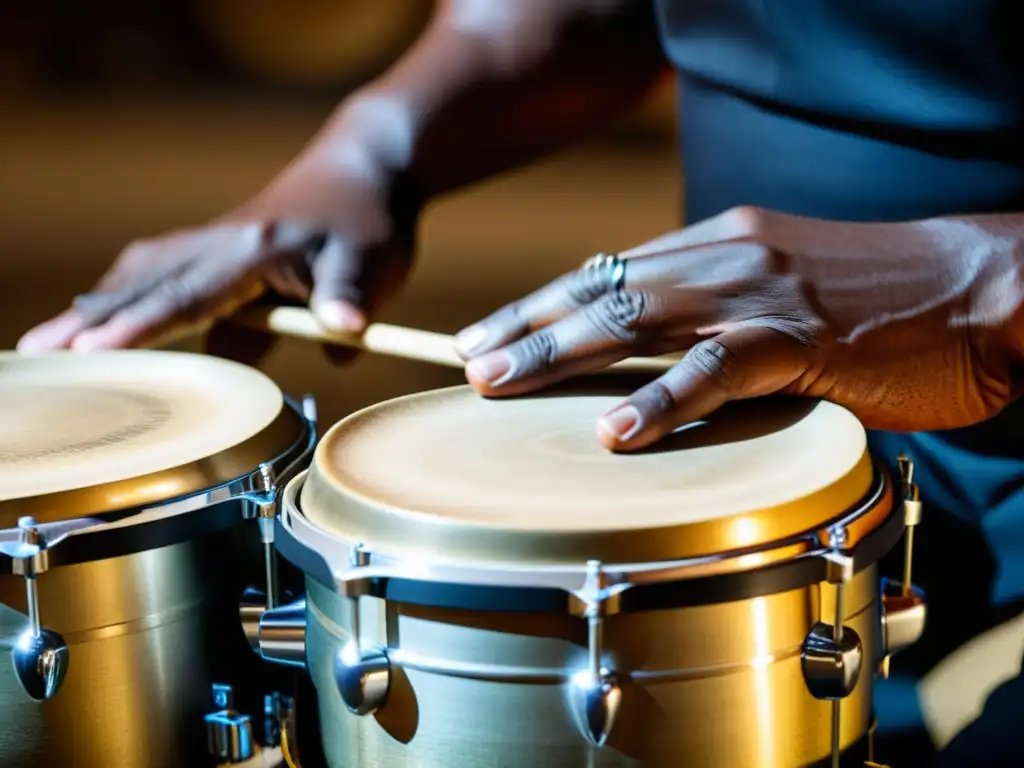 Closeup de un timbalero experto tocando con pasión y destreza, resaltando la importancia del timbal en la música latina