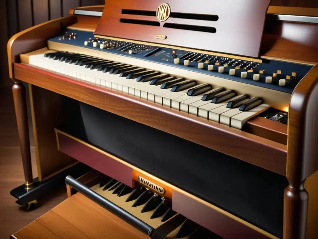 Closeup de un vintage Hammond B3, con detalles intrincados en las teclas y botones