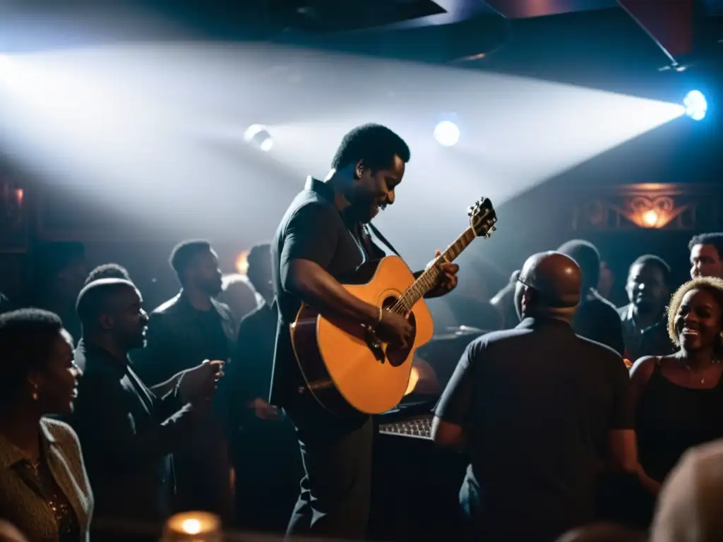 Un club de blues lleno de humo en Chicago, con un músico solitario entregando su pasión a un solo de guitarra