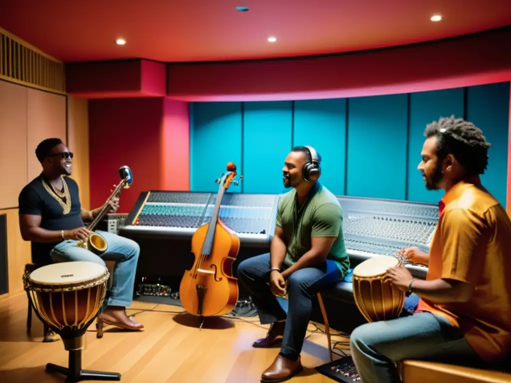 Colaboraciones musicales internacionales en estudio, músicos de diversas culturas fusionan instrumentos en armonía creativa