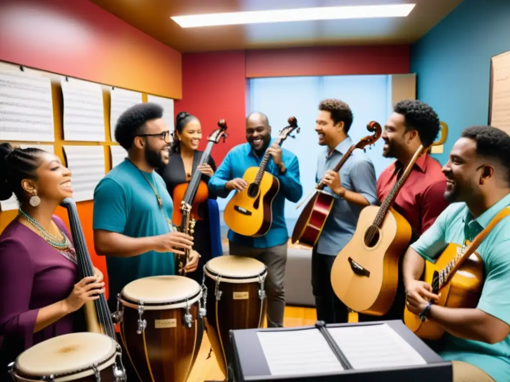 Colaboraciones musicales internacionales globalización: Músicos de diversas culturas crean juntos en un estudio, unidos por la música y la diversidad