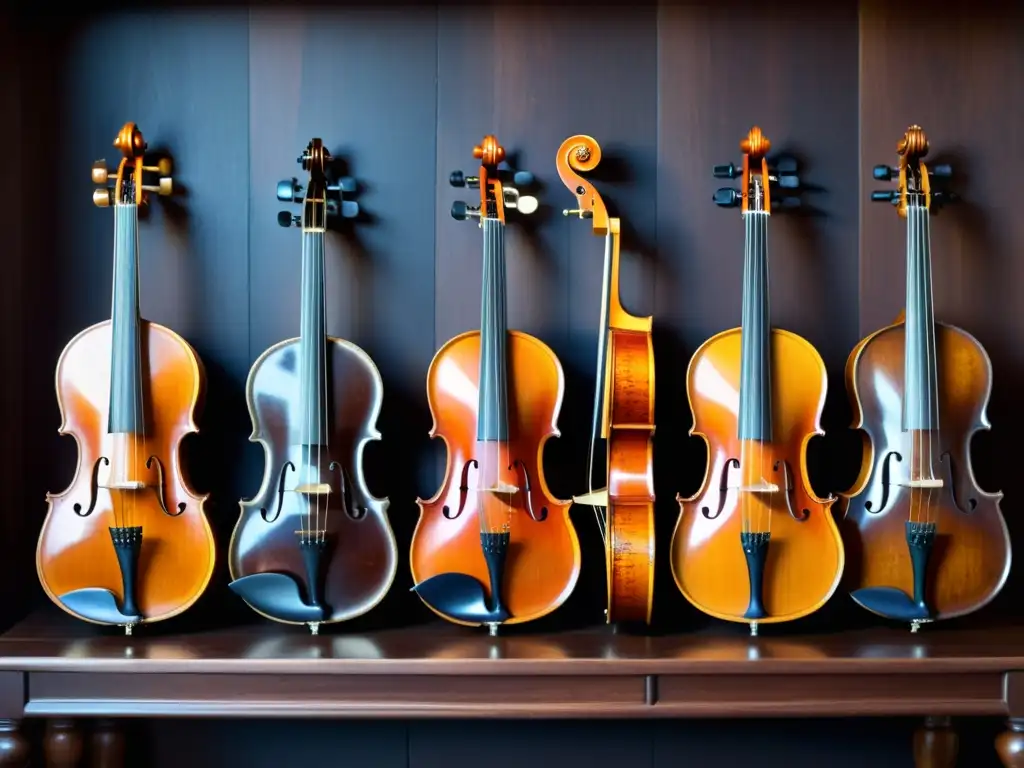 Instrumentos de cuerda antiguos: belleza y tradición Una colección de antiguos instrumentos de cuerda en una mesa de madera oscura