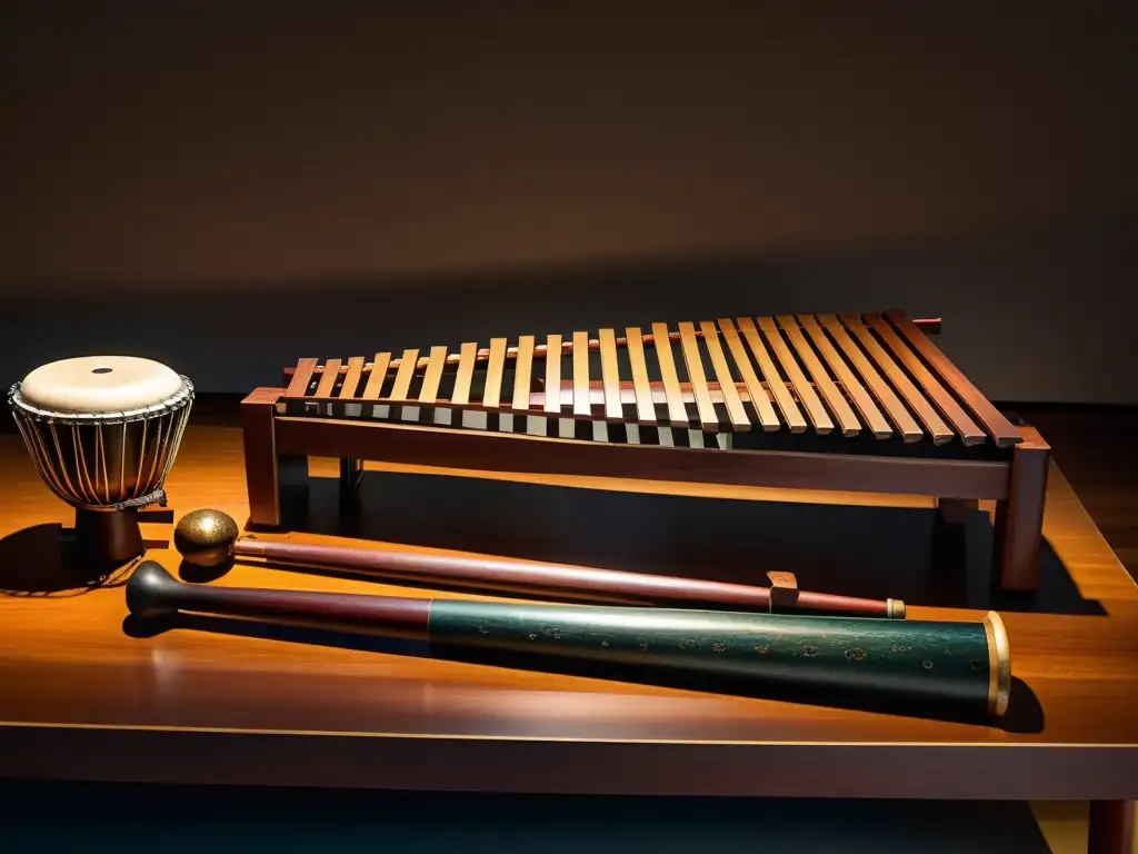 Una colección de antiguos instrumentos de percusión, incluyendo versiones tempranas del xilófono, marimba y vibráfono, iluminados en una exhibición