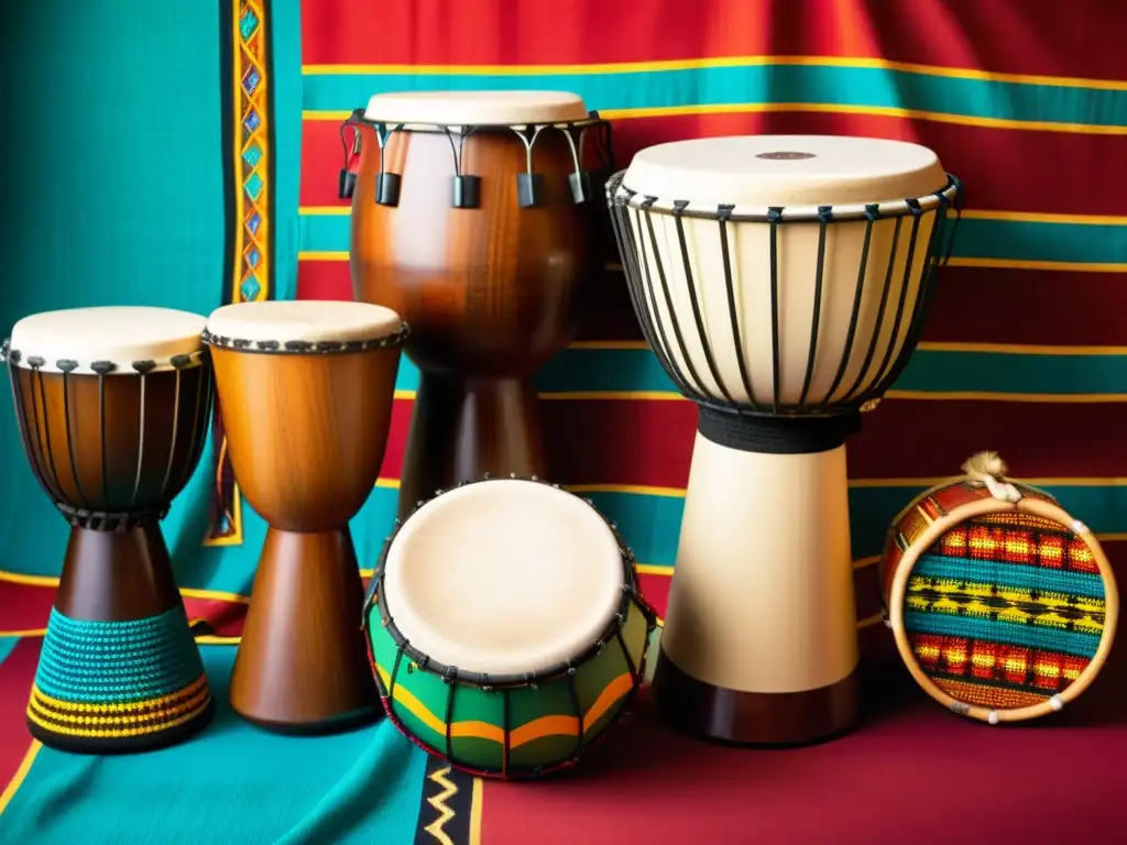 Una colección de instrumentos de percusión africanos sobre una tela vibrante y colorida, resaltando la riqueza cultural y artesanal