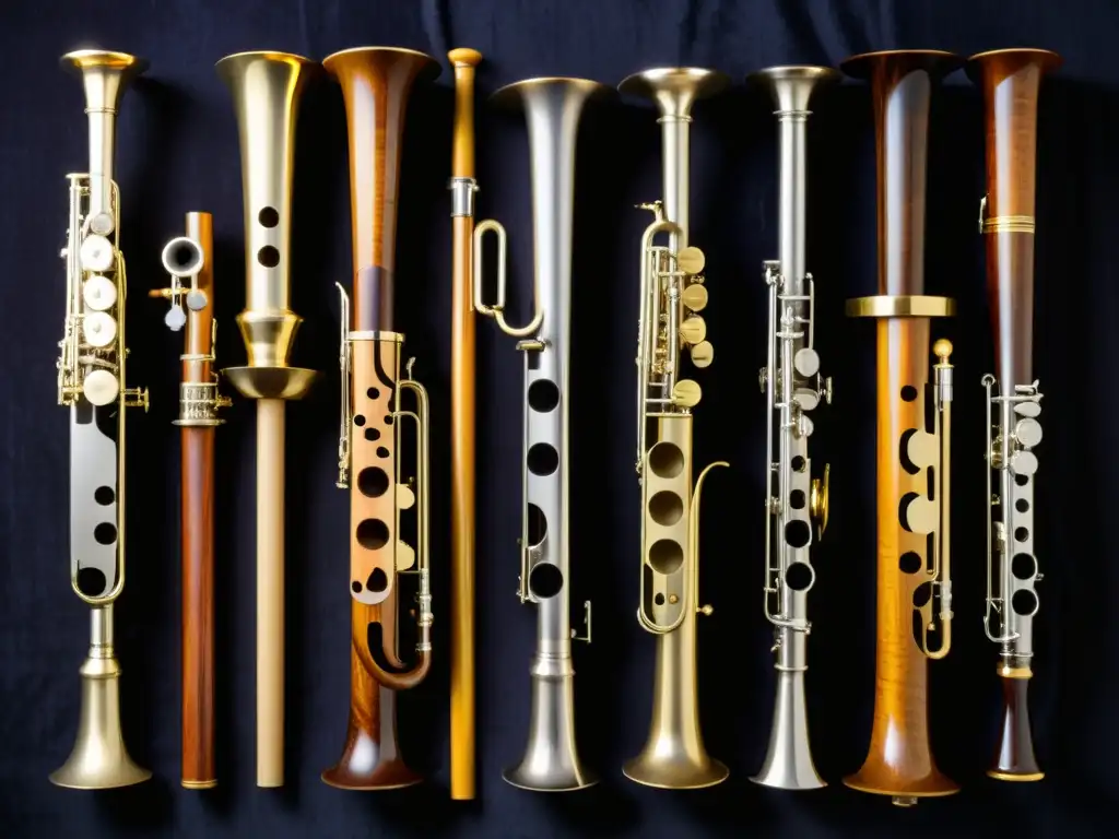 Una colección de instrumentos de viento de madera históricos, mostrando la evolución desde flautas tempranas hasta modernos clarinetes y oboes