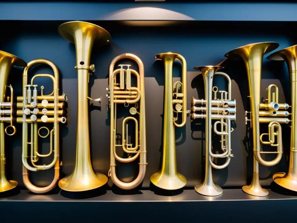 Una colección de instrumentos de viento metal históricos en exhibición, con detalles ornamentados y tonos cálidos, capturando la evolución de los instrumentos de viento metal