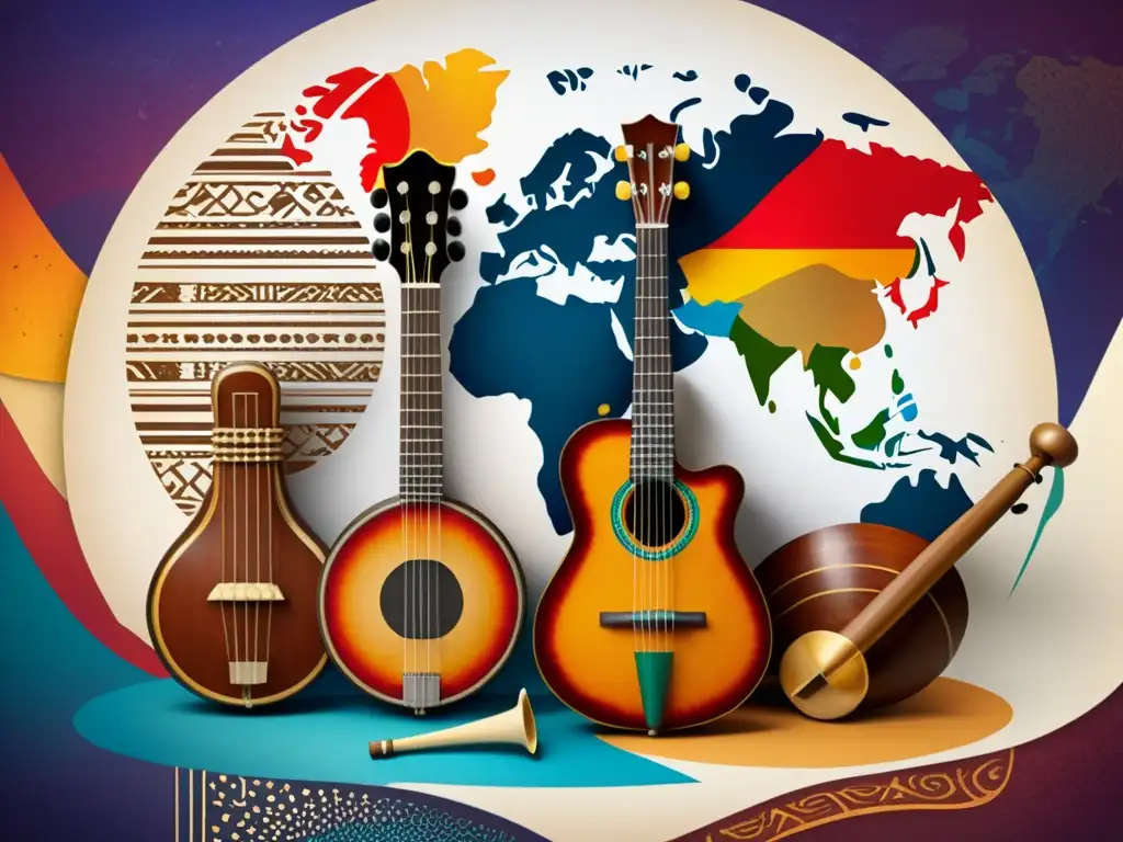 Collage vibrante de instrumentos musicales tradicionales de diversas culturas, destacando la influencia global en la música pop