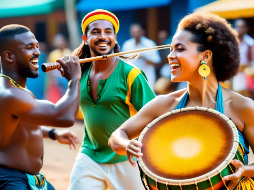 Una colorida roda de samba en Brasil, con músicos tocando ritmos raspados música brasileña mientras la multitud baila y aplaude